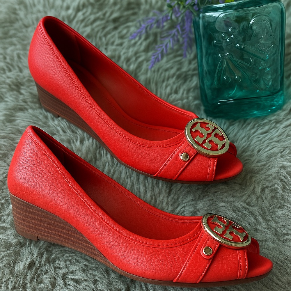 Tory Burch Vibrant Red Leather Wedges